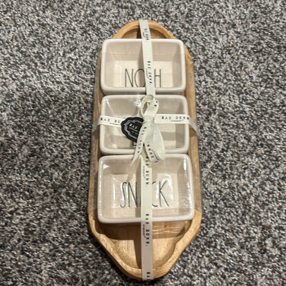 Lot of 2. Rae Dunn 3 pc Wooden Snack Tray. 3 pc lemon dessert plate /bowl. new - Picture 4 of 12